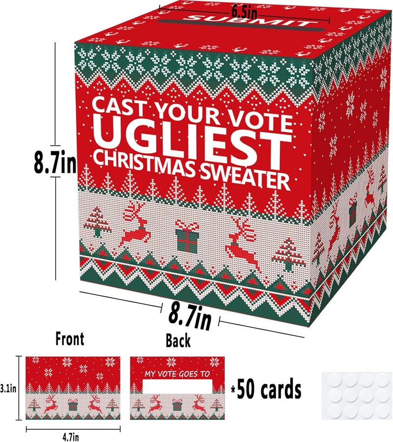 OLIVBIN Ugly Sweater Contest Ballot Box, Voting Card Box Set, Including 50 Voting Cards Sweater Competition Voting Box, Used for Festival Christmas Game Party Decoration, Ugly Sweater Party Supplies - Image 2